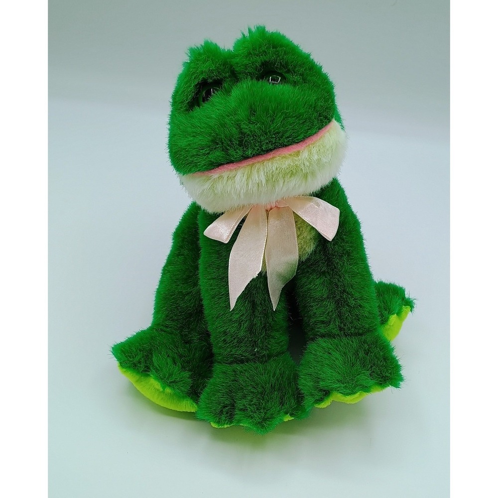 8" Vintage KELLYTOY Sitting Green White PINK BOW Mouth BEANBAG Plush FROG  B3
